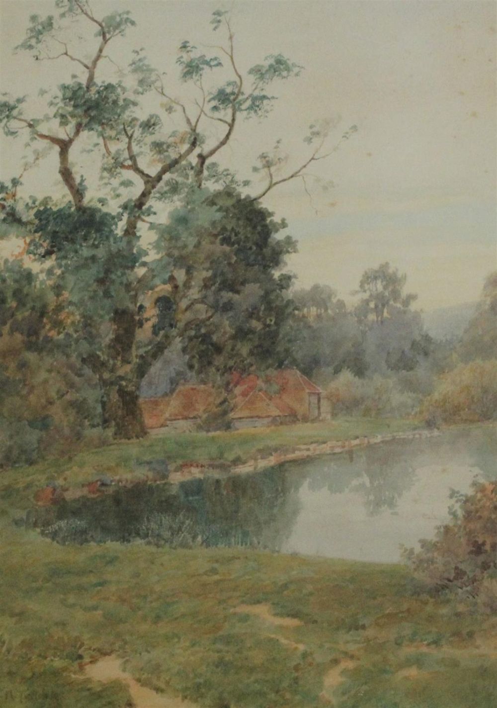 Thomas Nicholson Tyndale (1858-1936), watercolour, Farmhouse beside a lake, signed, 26 x 20cm